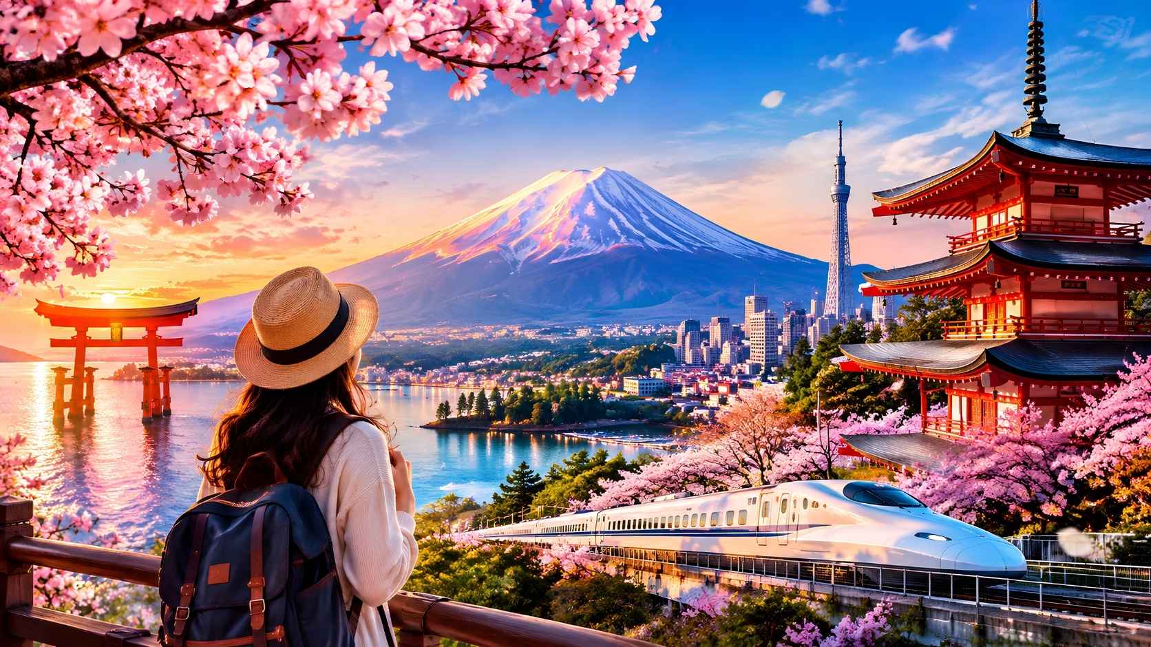 Japan tour package from Chennai featuring Mount Fuji, cherry blossoms, traditional temple and Shinkansen