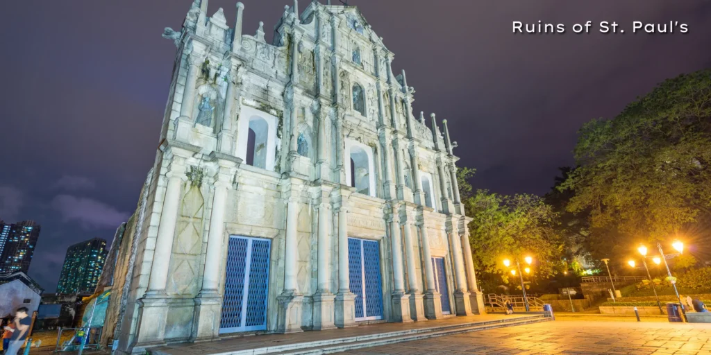 The historic stone facade of the Ruins of St. Paul's, a famous Portuguese heritage site visited during the guided Macau city tour.
