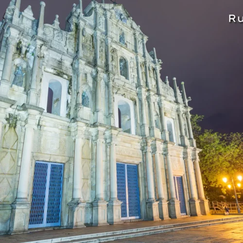 The historic stone facade of the Ruins of St. Paul's, a famous Portuguese heritage site visited during the guided Macau city tour.