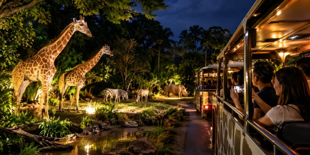 Tourists sitting in a guided tram vehicle passing by nocturnal animals during the Night Safari in Singapore.