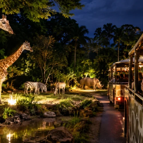 Tourists sitting in a guided tram vehicle passing by nocturnal animals during the Night Safari in Singapore.