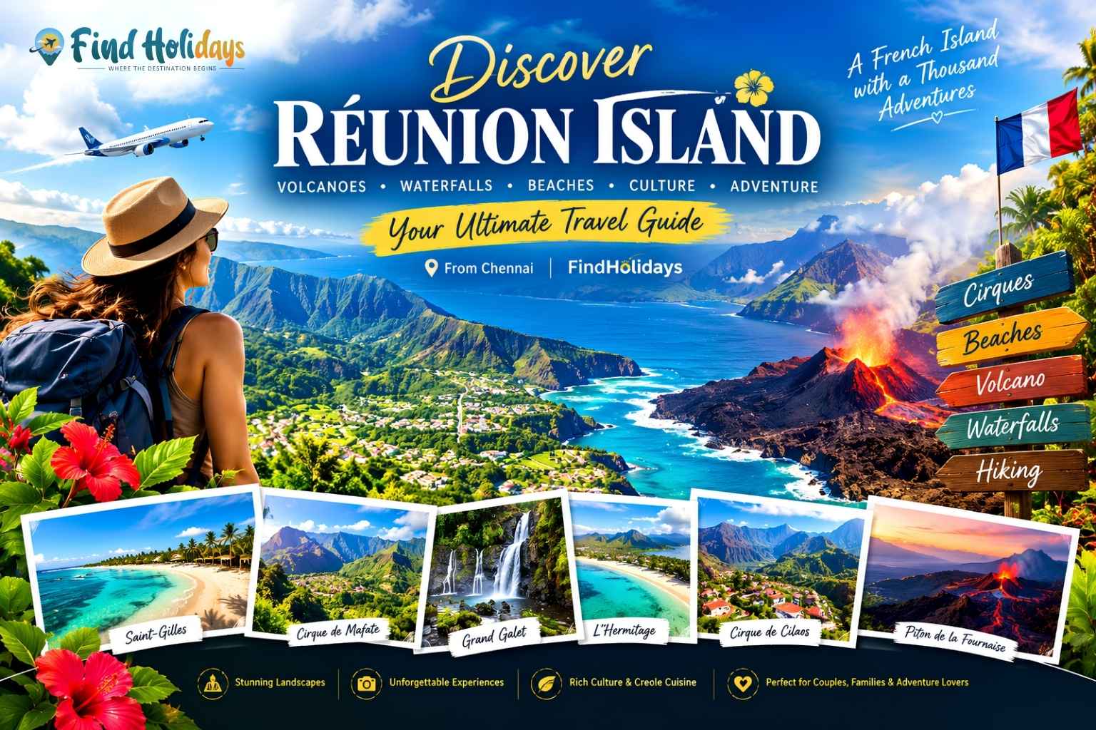 Réunion Island travel guide featuring volcanoes, waterfalls, beaches, mountains and adventure attractions