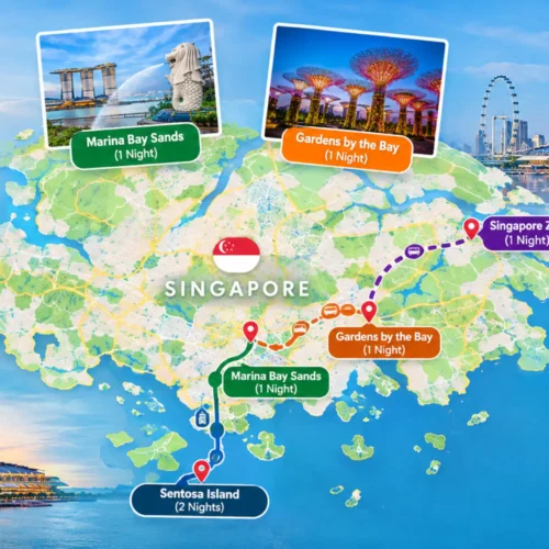 Singapore family tour itinerary map showing Marina Bay, Sentosa Island, Mandai Wildlife Reserve and Singapore attractions for 5 nights and 6 days