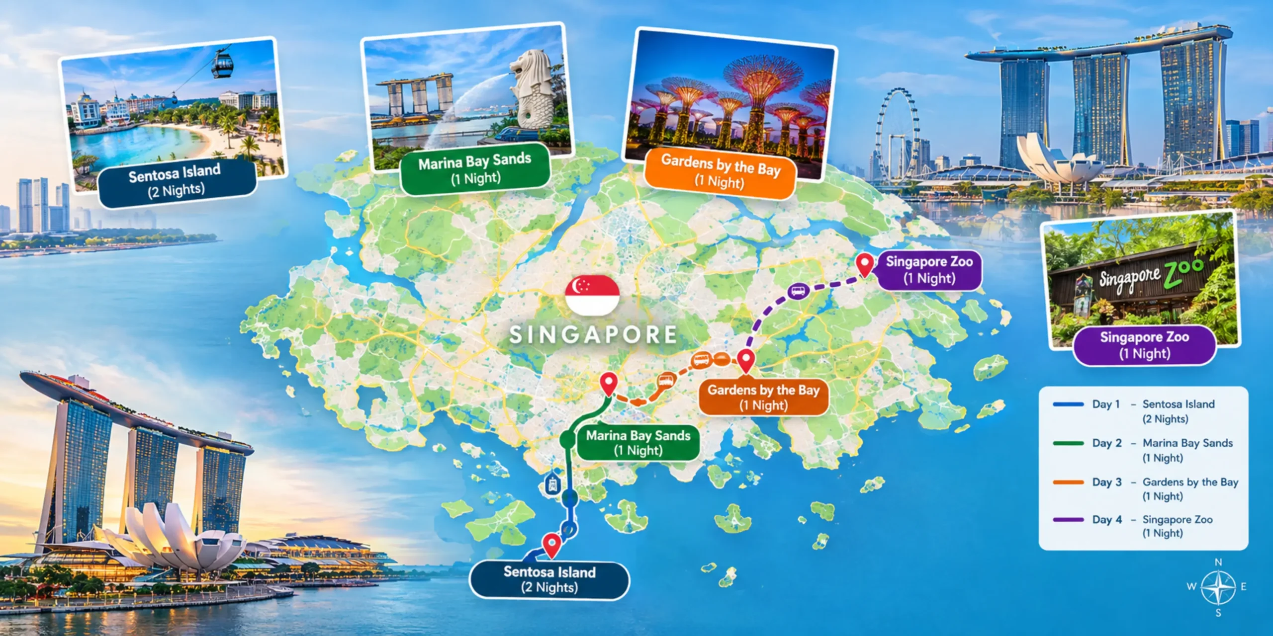 Singapore family tour itinerary map showing Marina Bay, Sentosa Island, Mandai Wildlife Reserve and Singapore attractions for 5 nights and 6 days
