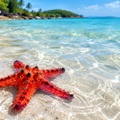 Bright red starfish resting in the shallow turquoise waters of Phu Quoc.