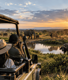 Three safari travelers viewing Africa's Big Five wildlife from a safari vehicle at sunset
