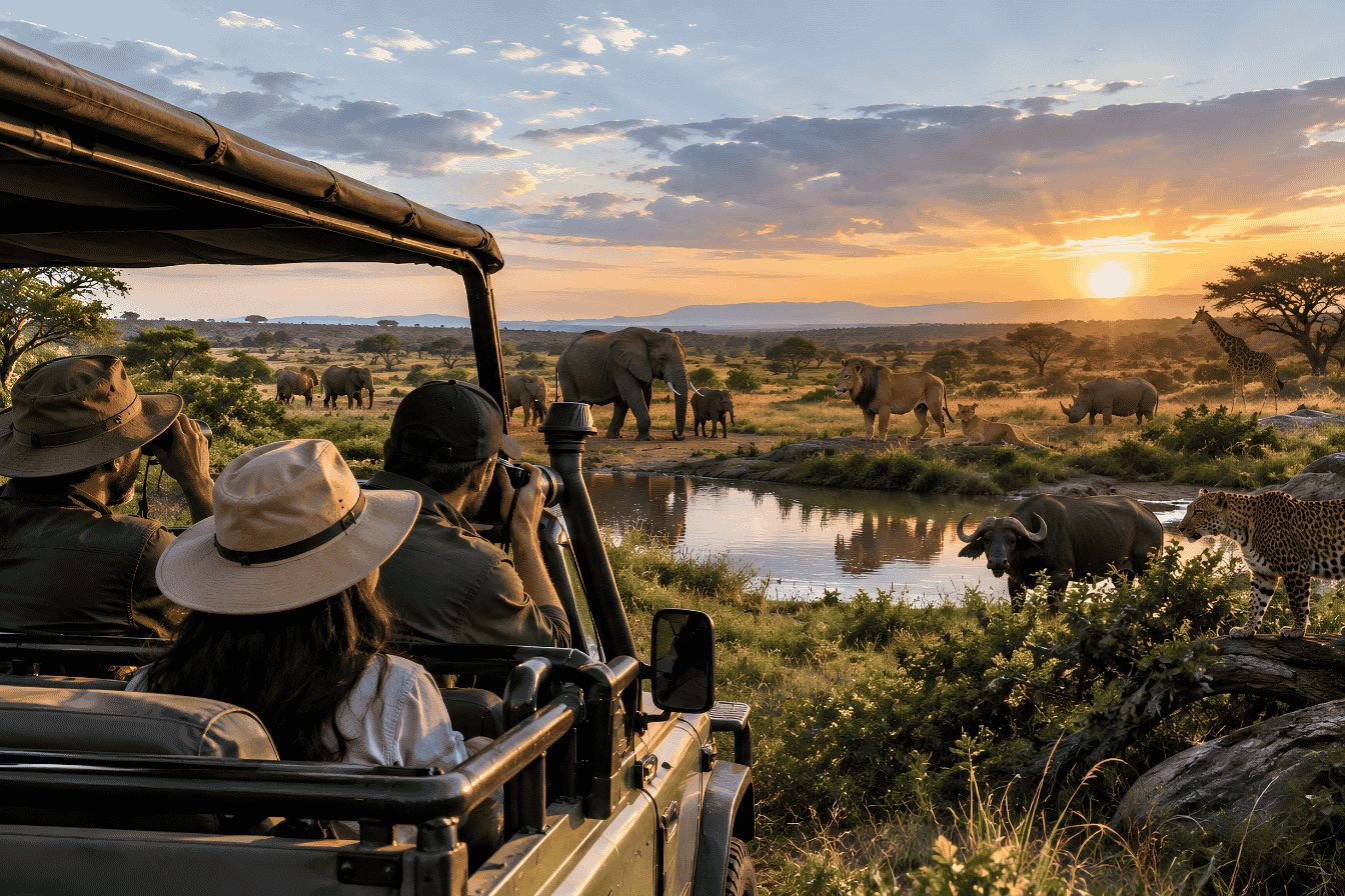 Three safari travelers viewing Africa's Big Five wildlife from a safari vehicle at sunset