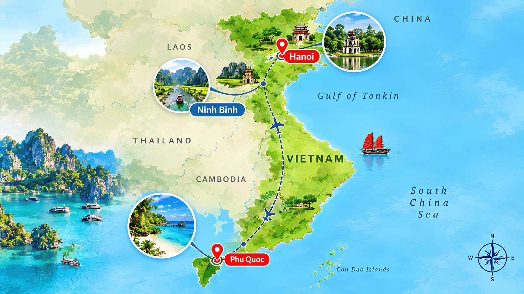 Vietnam itinerary map from Hanoi to Ninh Binh and Phu Quoc for travellers from Chennai