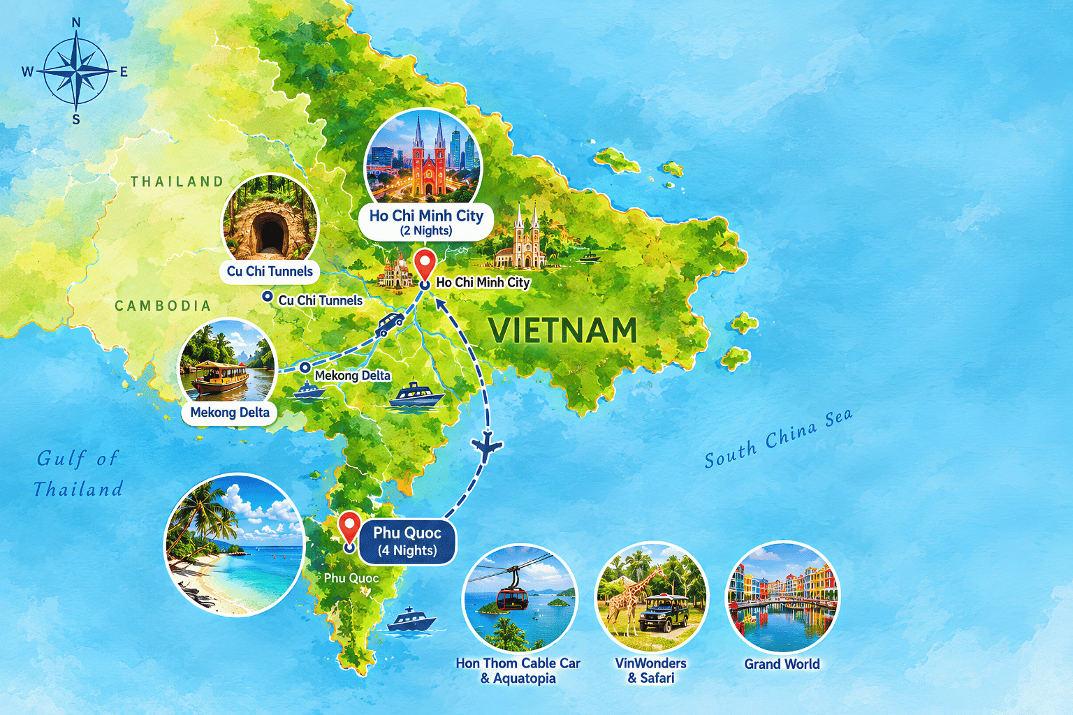Vietnam itinerary map showing Ho Chi Minh City, Cu Chi Tunnels, Mekong Delta and Phu Quoc