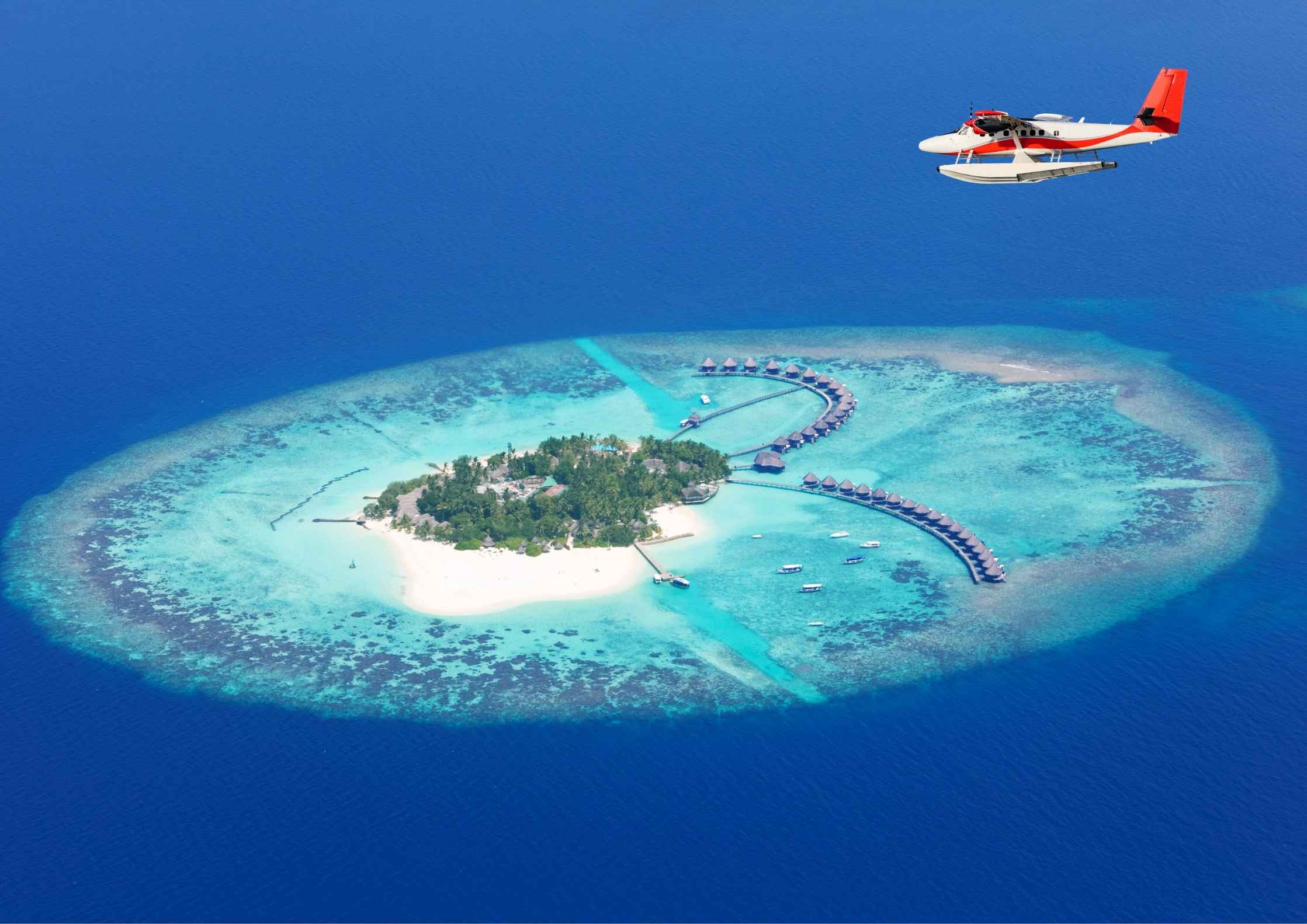 Crystal clear shallow lagoon and white sandy beach lined with palm trees on an Indian island, ideal for luxury travel.