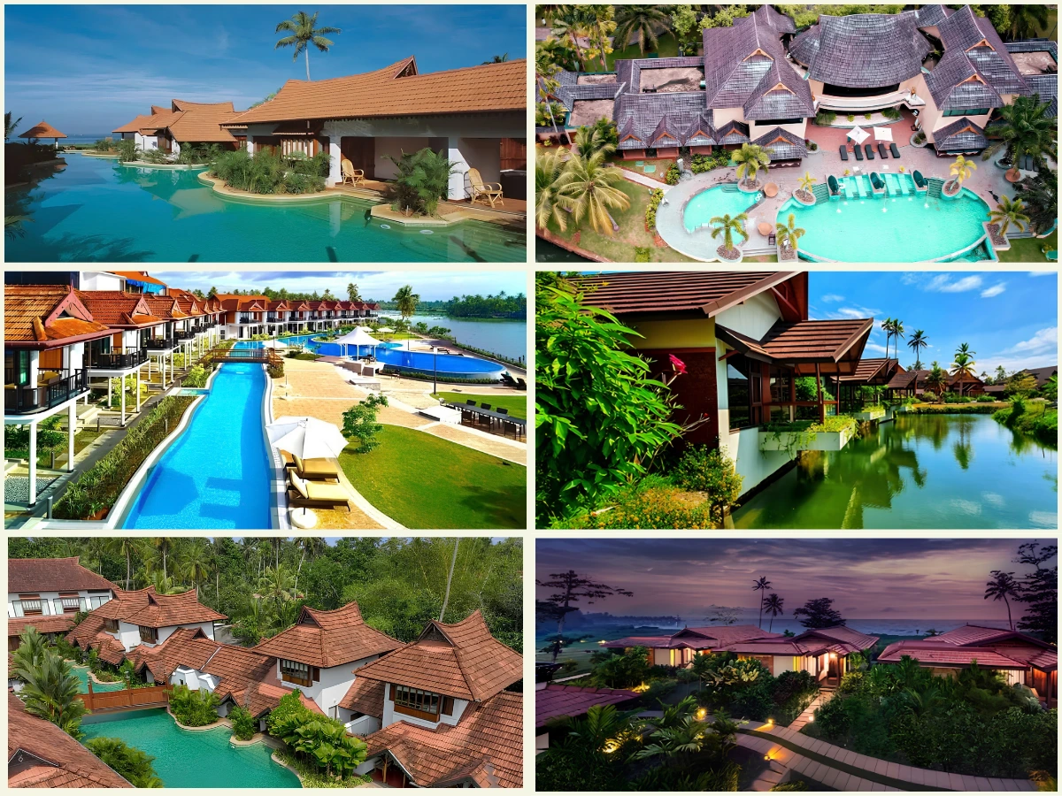 Traditional heritage architecture, private pool villas, and meandering lagoon canals at 5-star luxury resorts in Kerala
