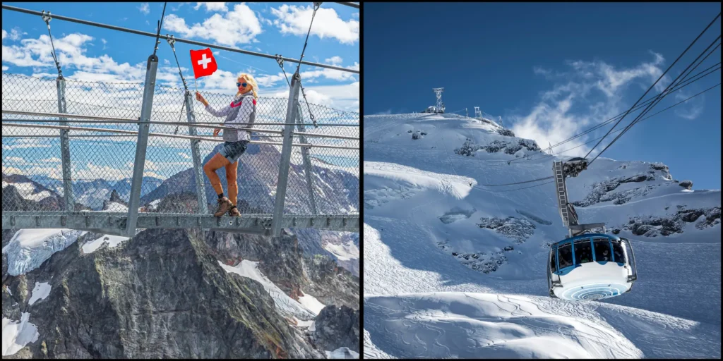 Titlis Rotair revolving cable car ascending snow peaks near the Titlis Cliff Walk suspension bridge.