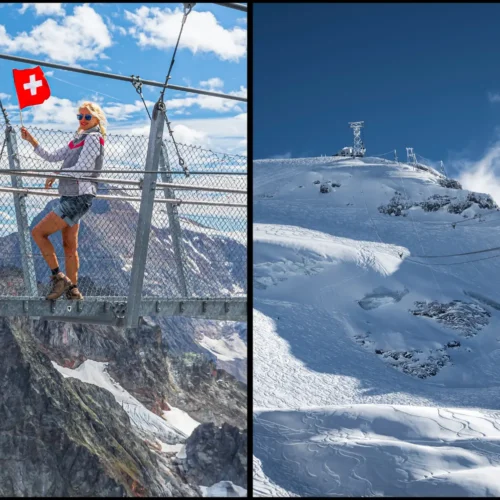 Titlis Rotair revolving cable car ascending snow peaks near the Titlis Cliff Walk suspension bridge.