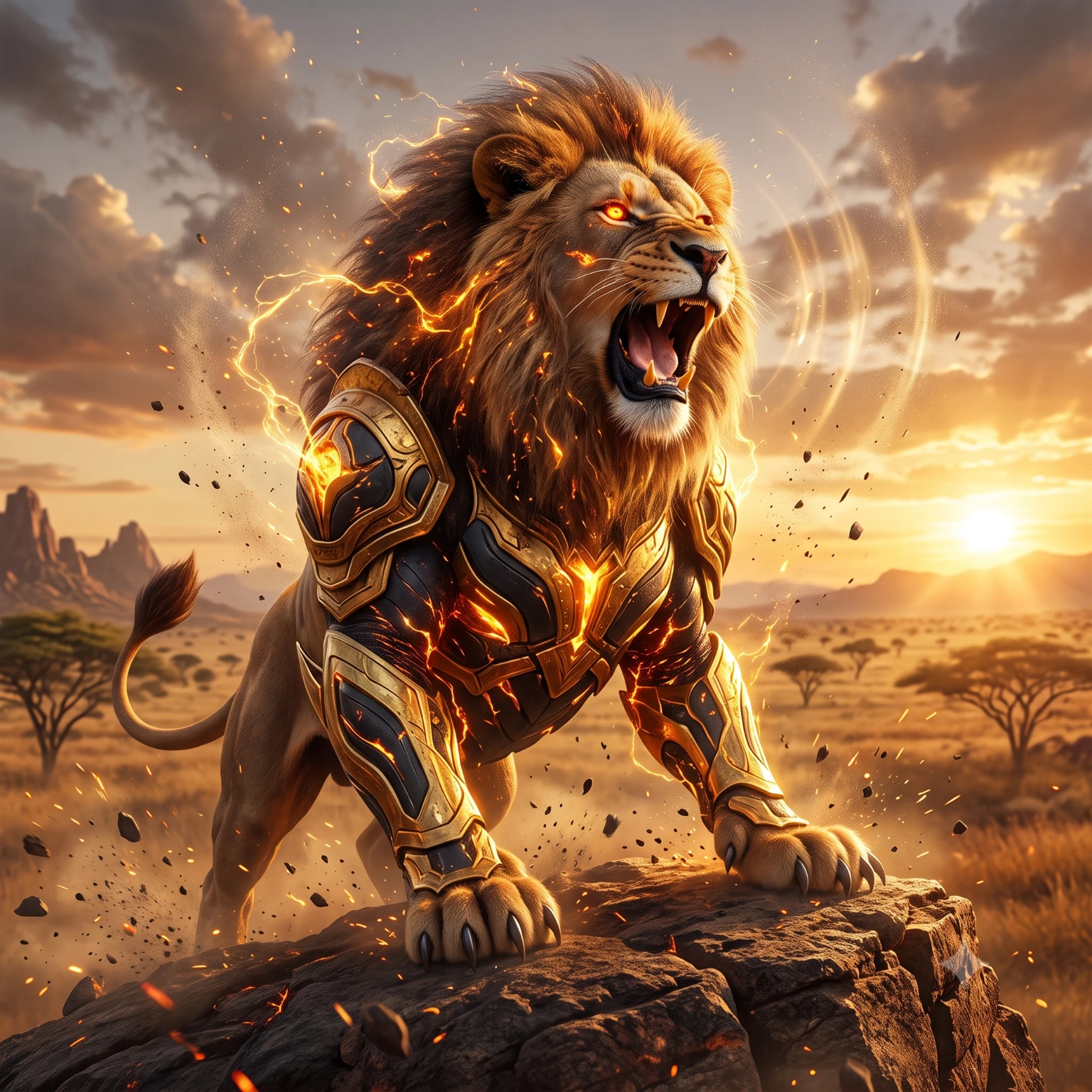 African lion on open savanna in warm evening light, one of the iconic predators of the African plains
