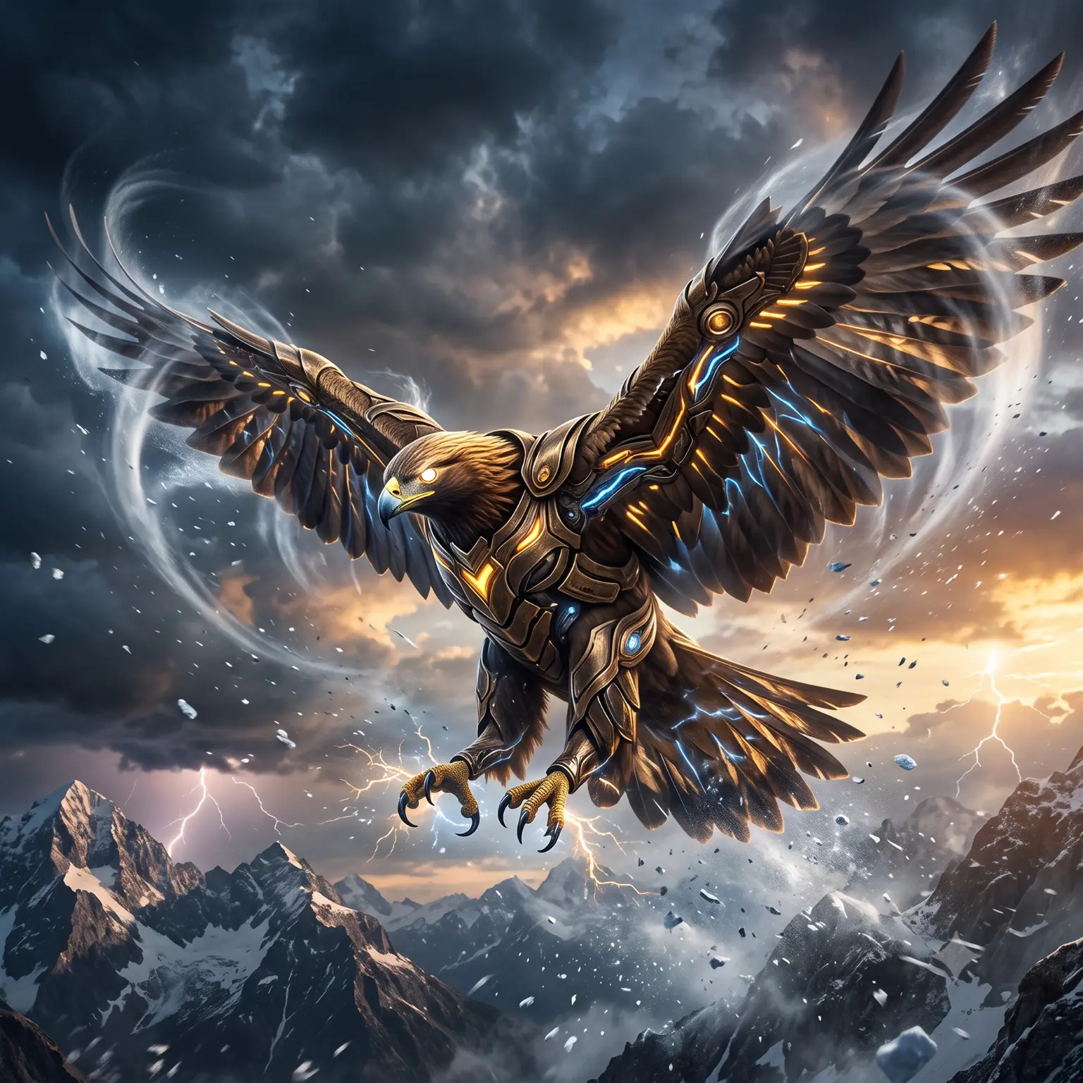 Eagle soaring above a mountain landscape, using keen vision and broad wings to scan for prey