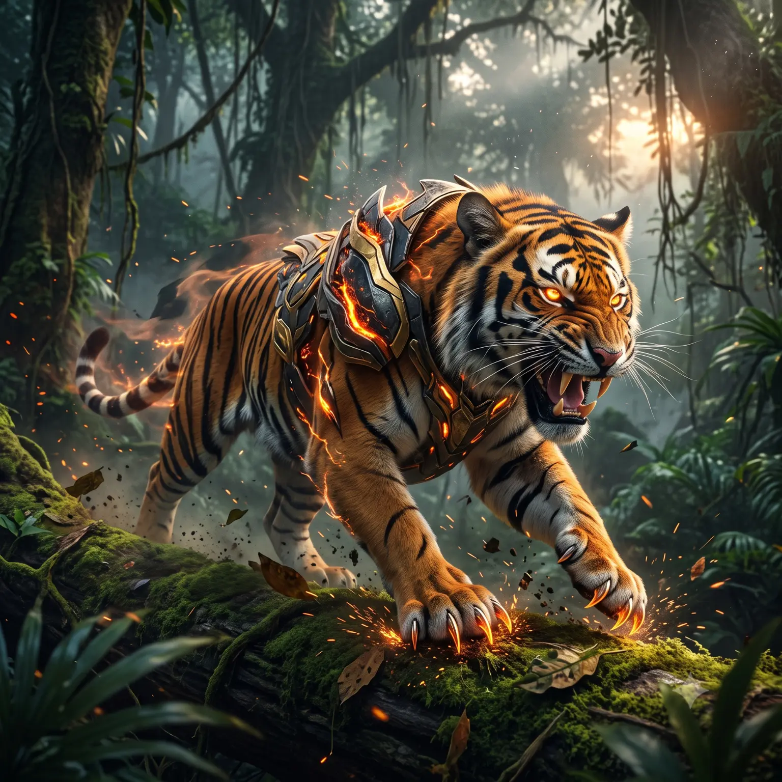 Bengal tiger moving through forest vegetation, its striped coat blending into patterns of light and shade