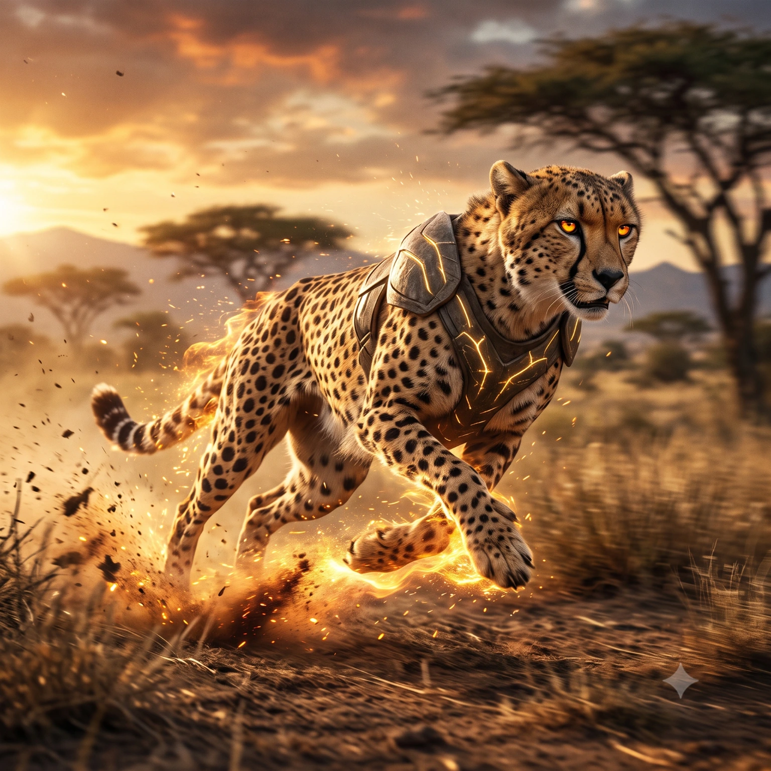 Cheetah running across open African grassland, showing the streamlined body and long limbs adapted for speed