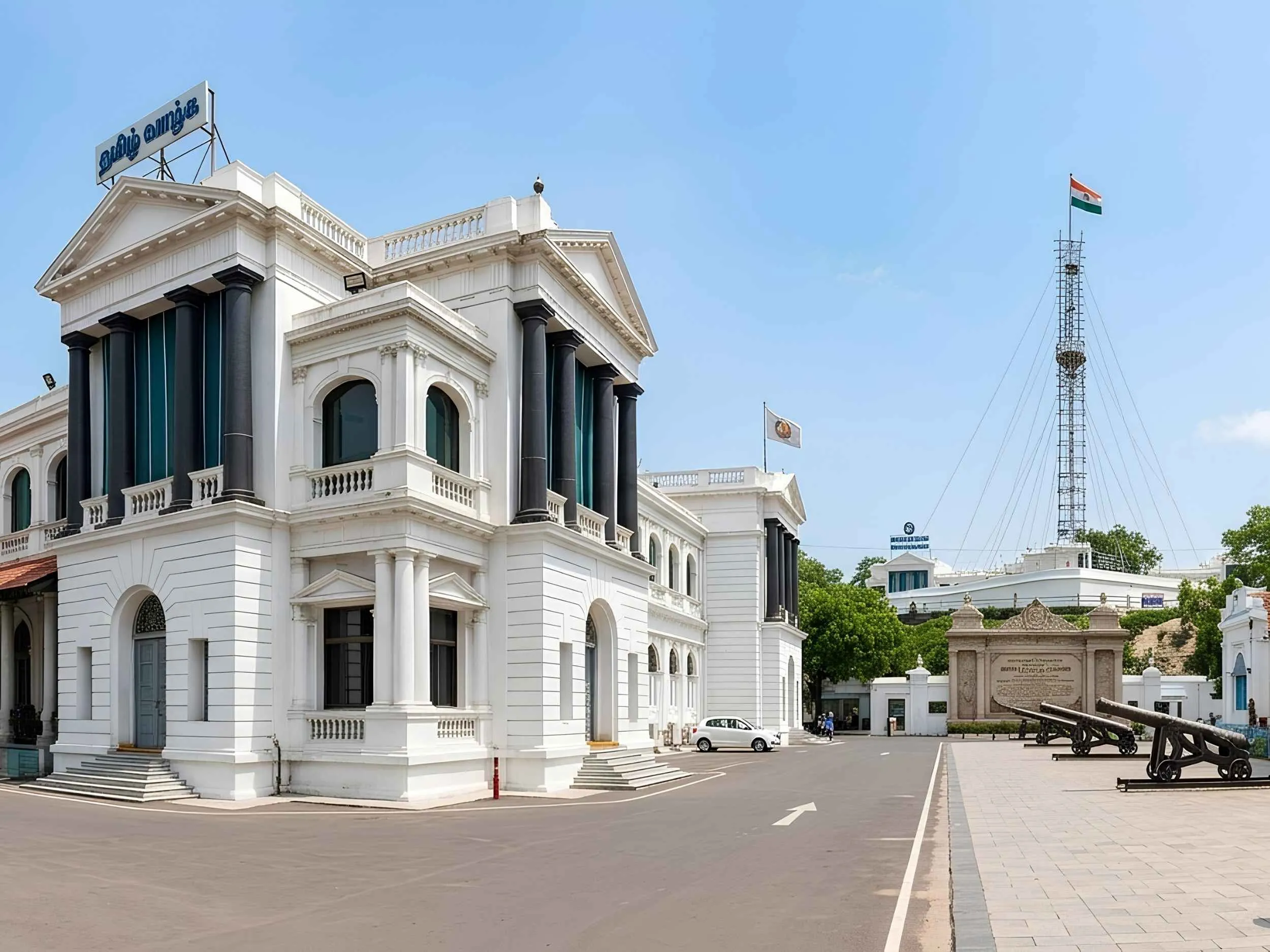 Classical white colonnades and heritage ramparts of Fort St. George in Chennai