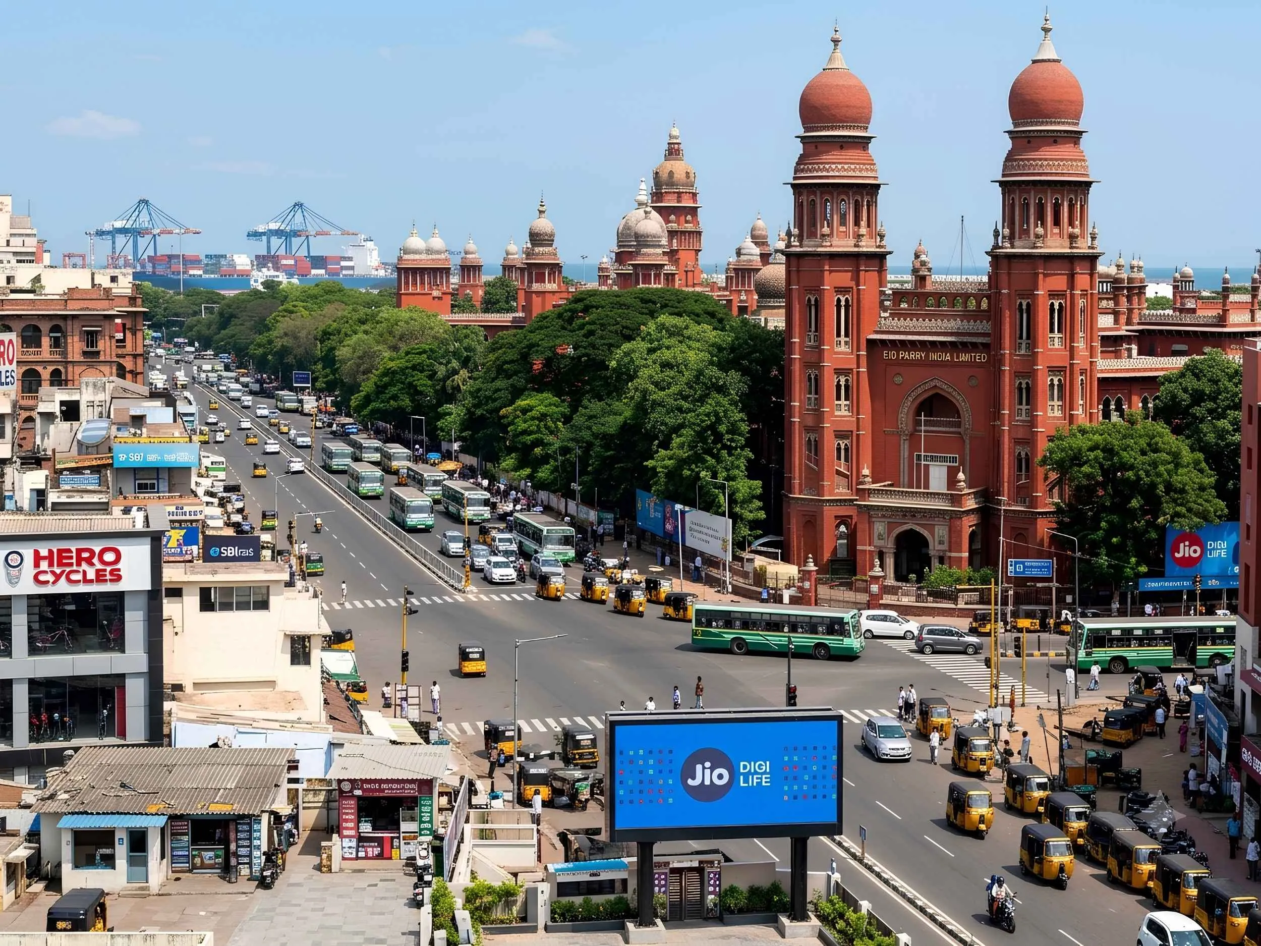 Bustling historic mercantile streets and colonial facades of George Town in Chennai