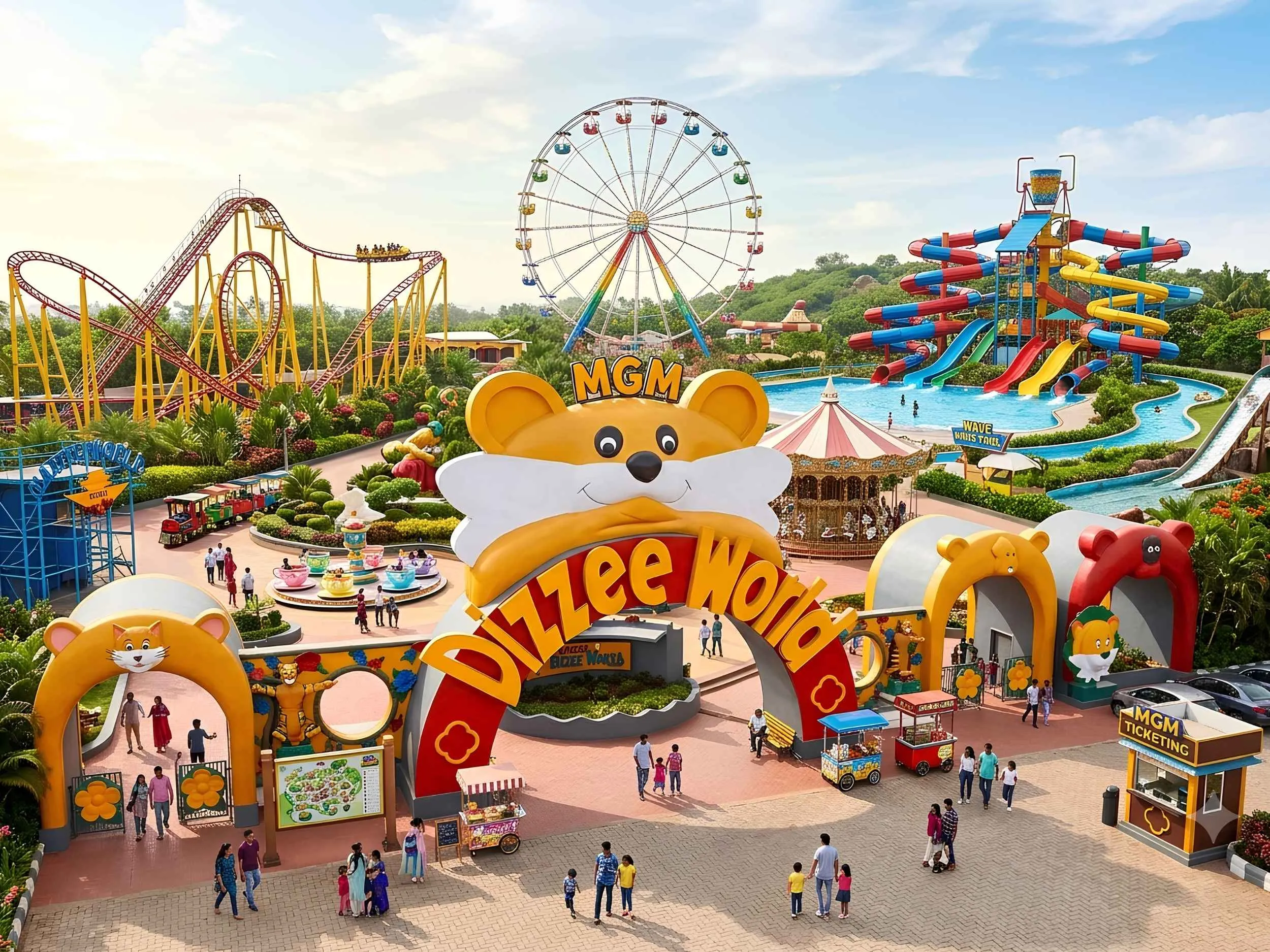 Ferris wheel, wave pools, and green landscape at MGM Dizzee World in Muthukadu Chennai