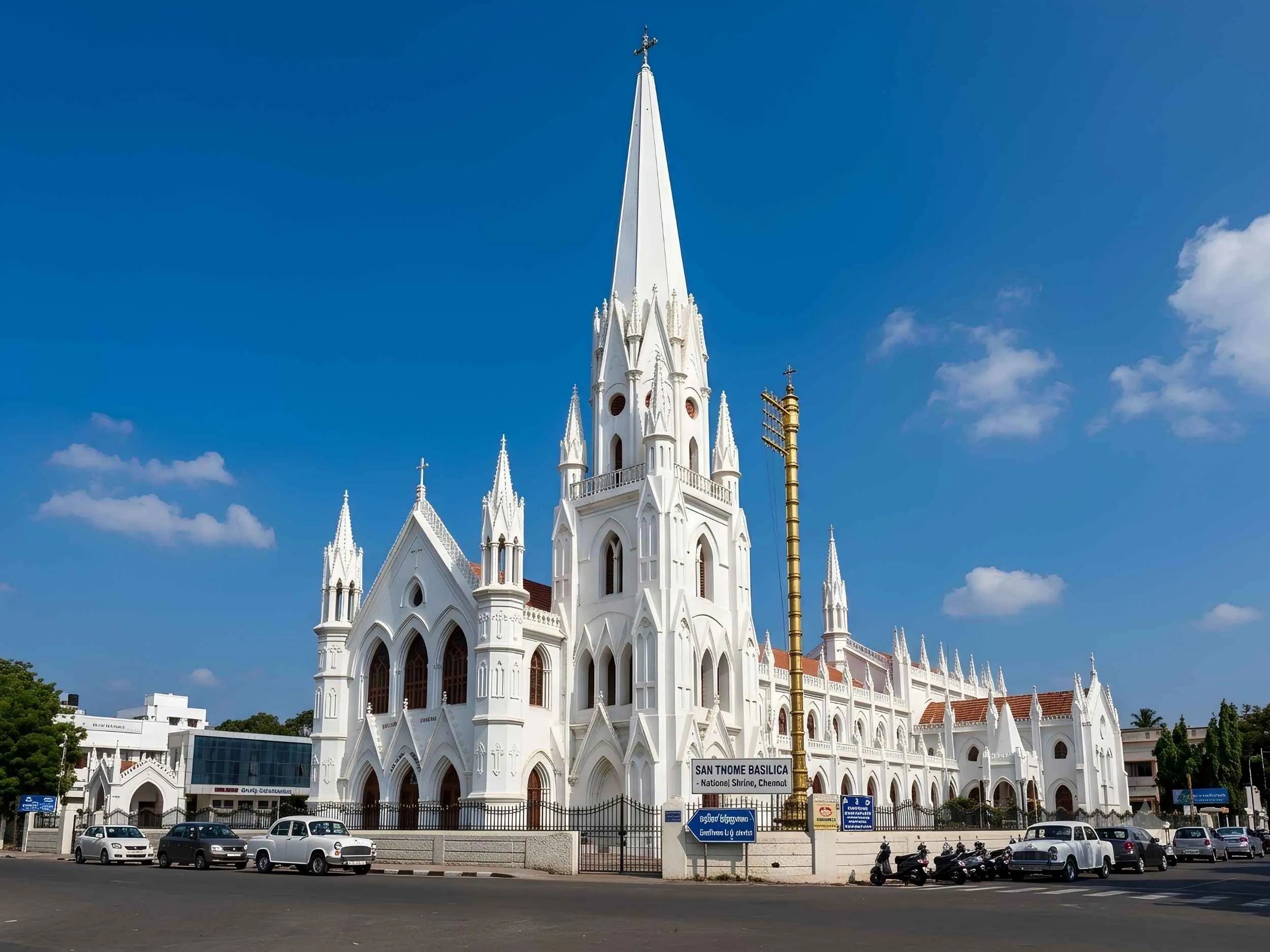 White Neo-Gothic spires of San Thome Cathedral Basilica in Chennai
