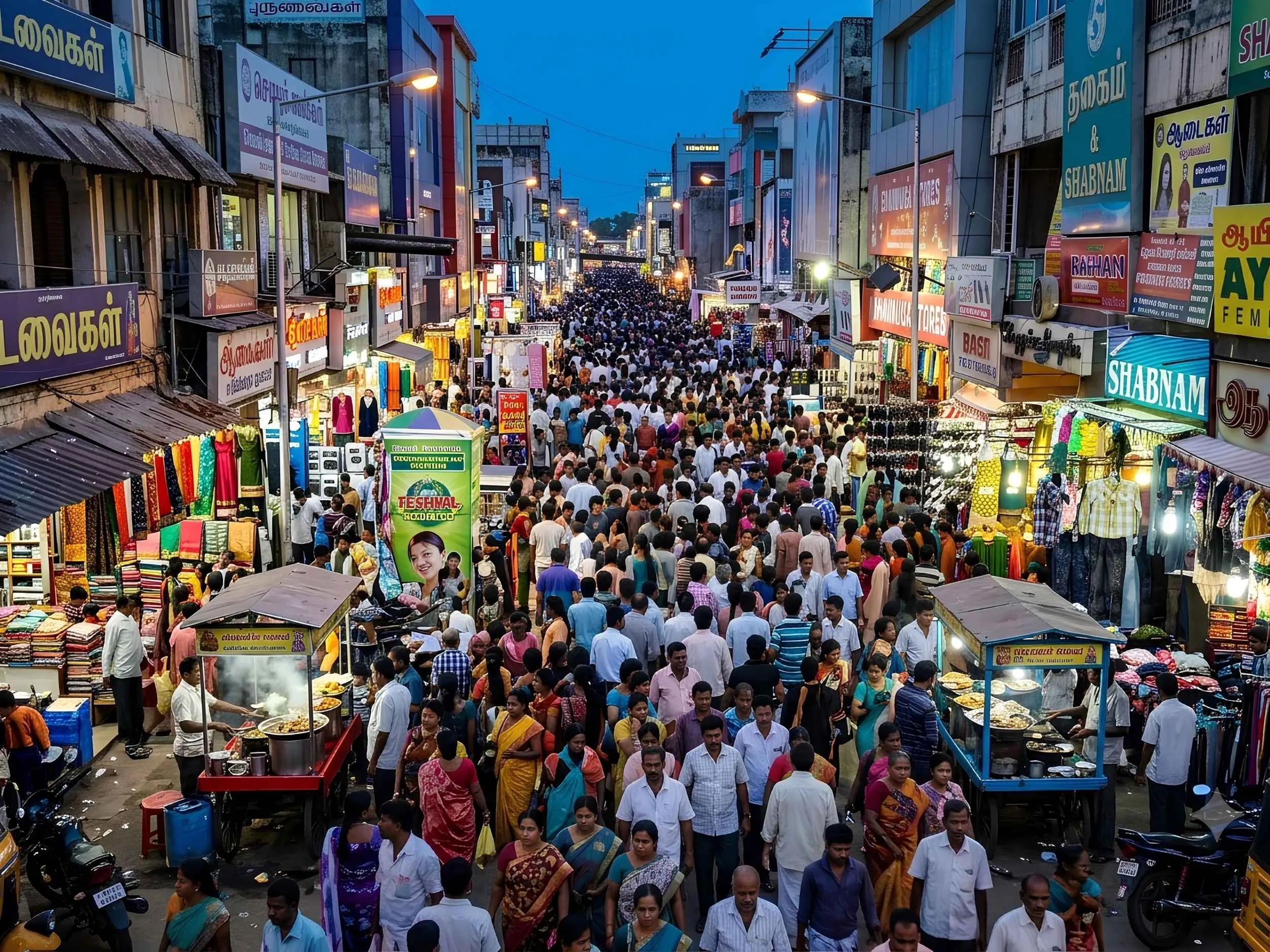Vibrant silk saree showrooms and pedestrian shopping plazas in T. Nagar Chennai