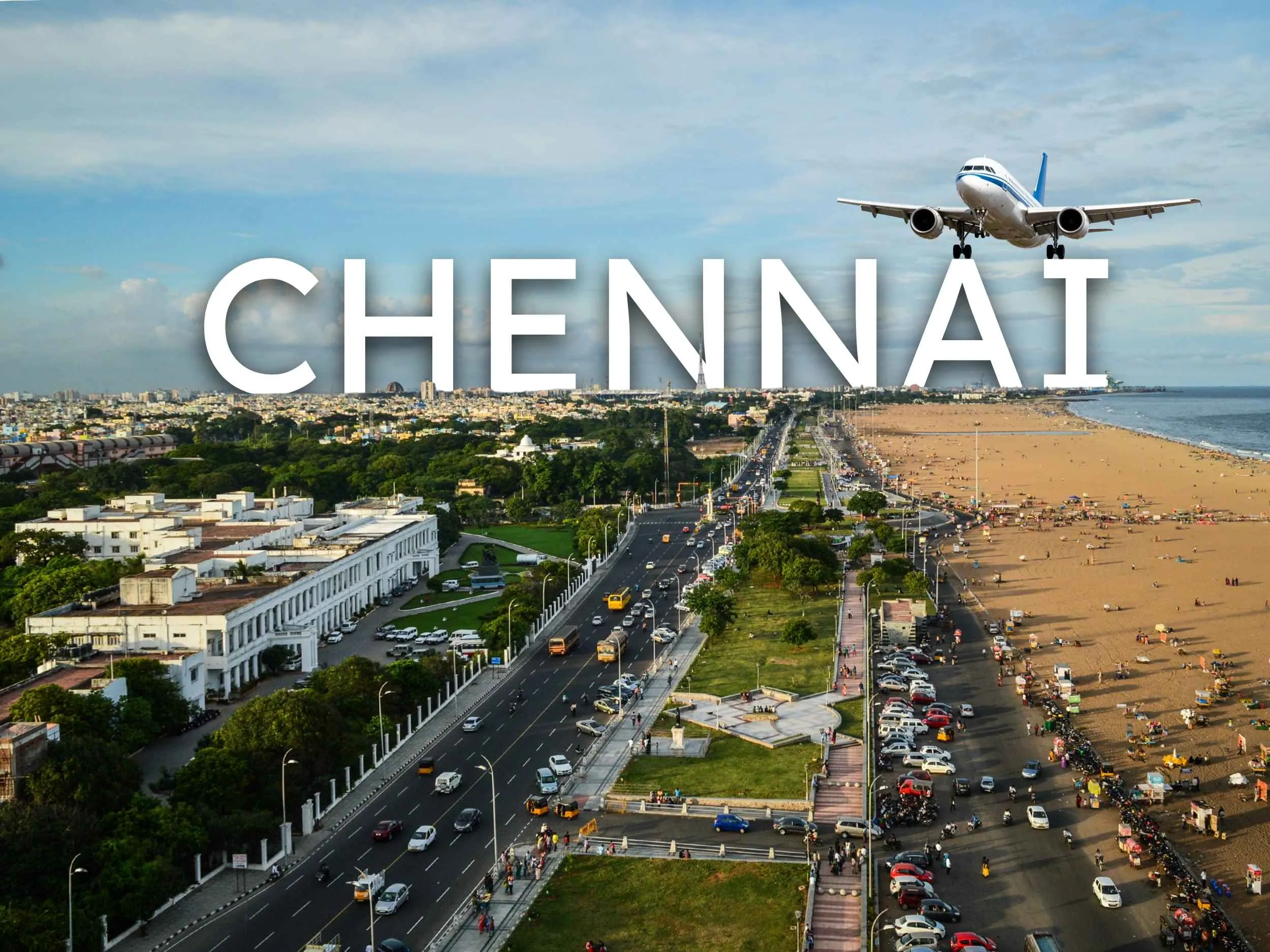 Chennai travel guide hero panorama featuring Kapaleeswarar Temple gopuram, Marina Beach coastline, and colonial architecture