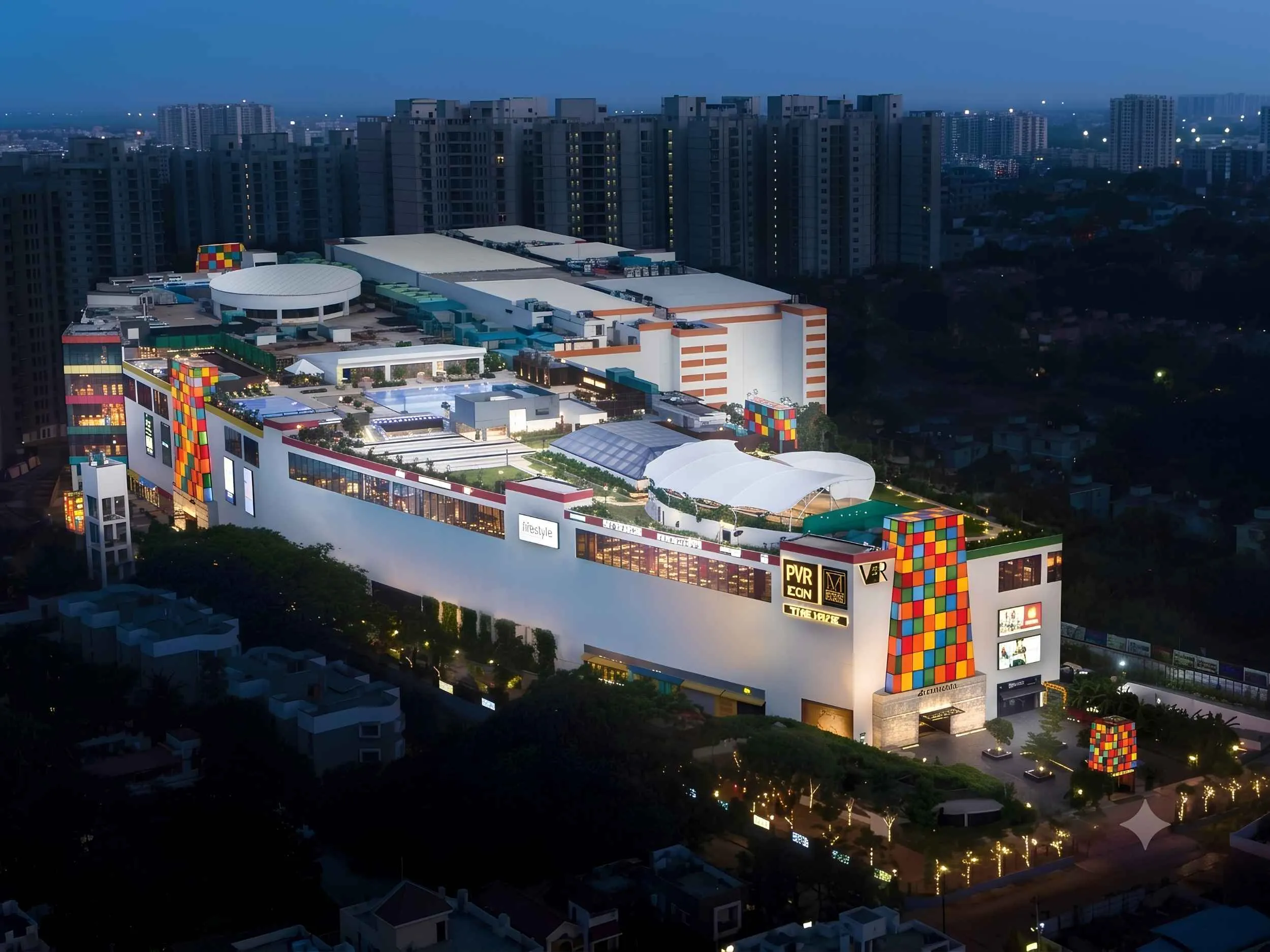 Colorful Madras Gopuram inspired facade and bell tower of VR Chennai Mall in Anna Nagar