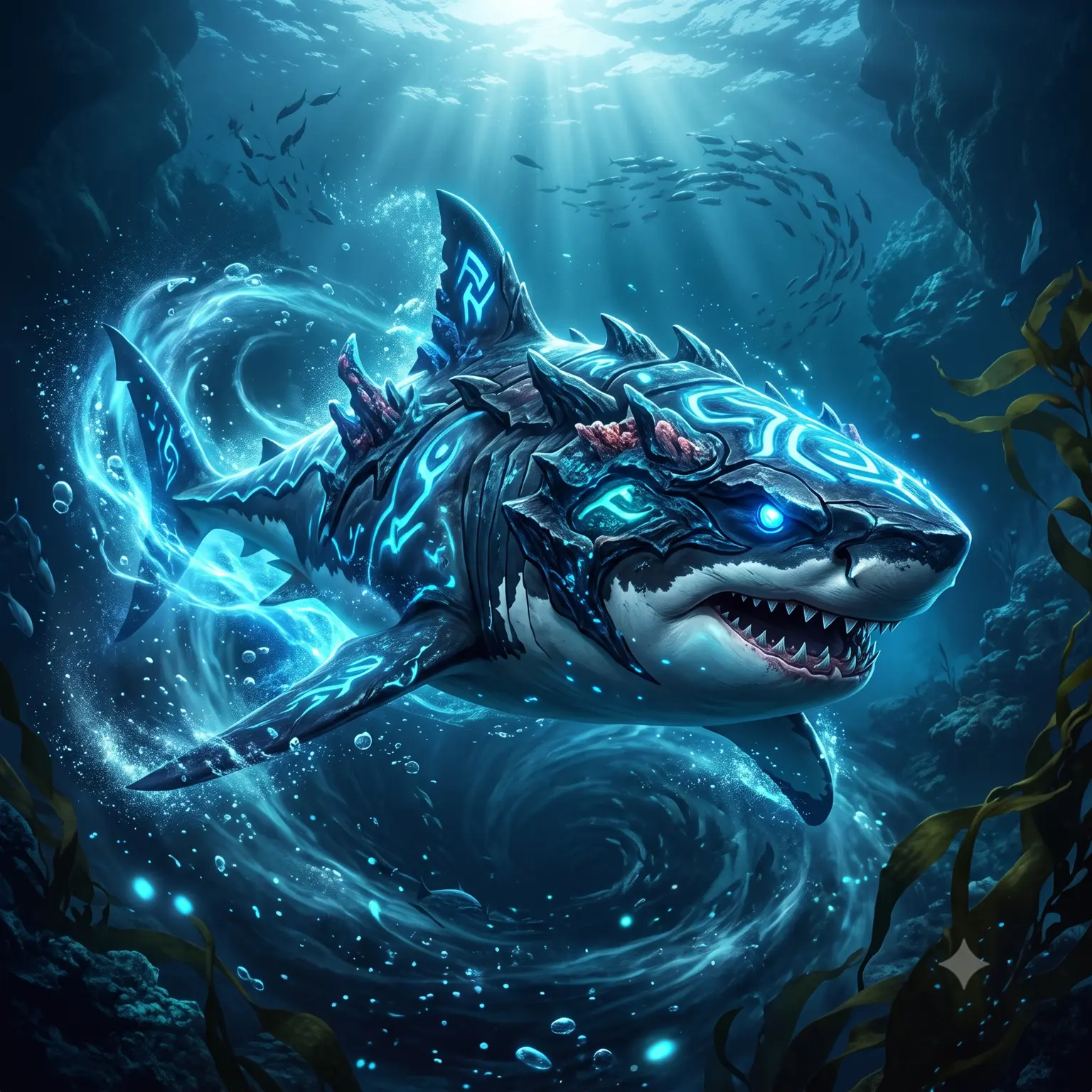Great white shark swimming through blue ocean water, showing its streamlined body adapted for efficient movement