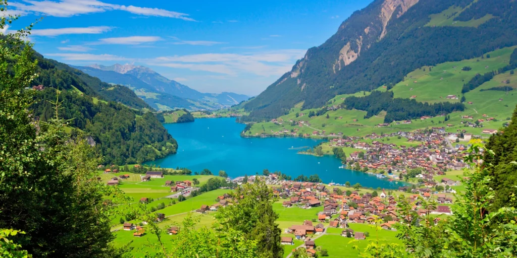 Alpine town of Interlaken situated between Lake Thun and Lake Brienz in Switzerland.