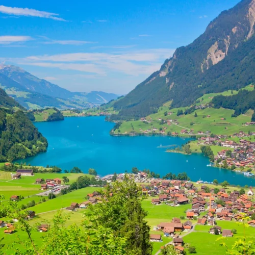 Alpine town of Interlaken situated between Lake Thun and Lake Brienz in Switzerland.