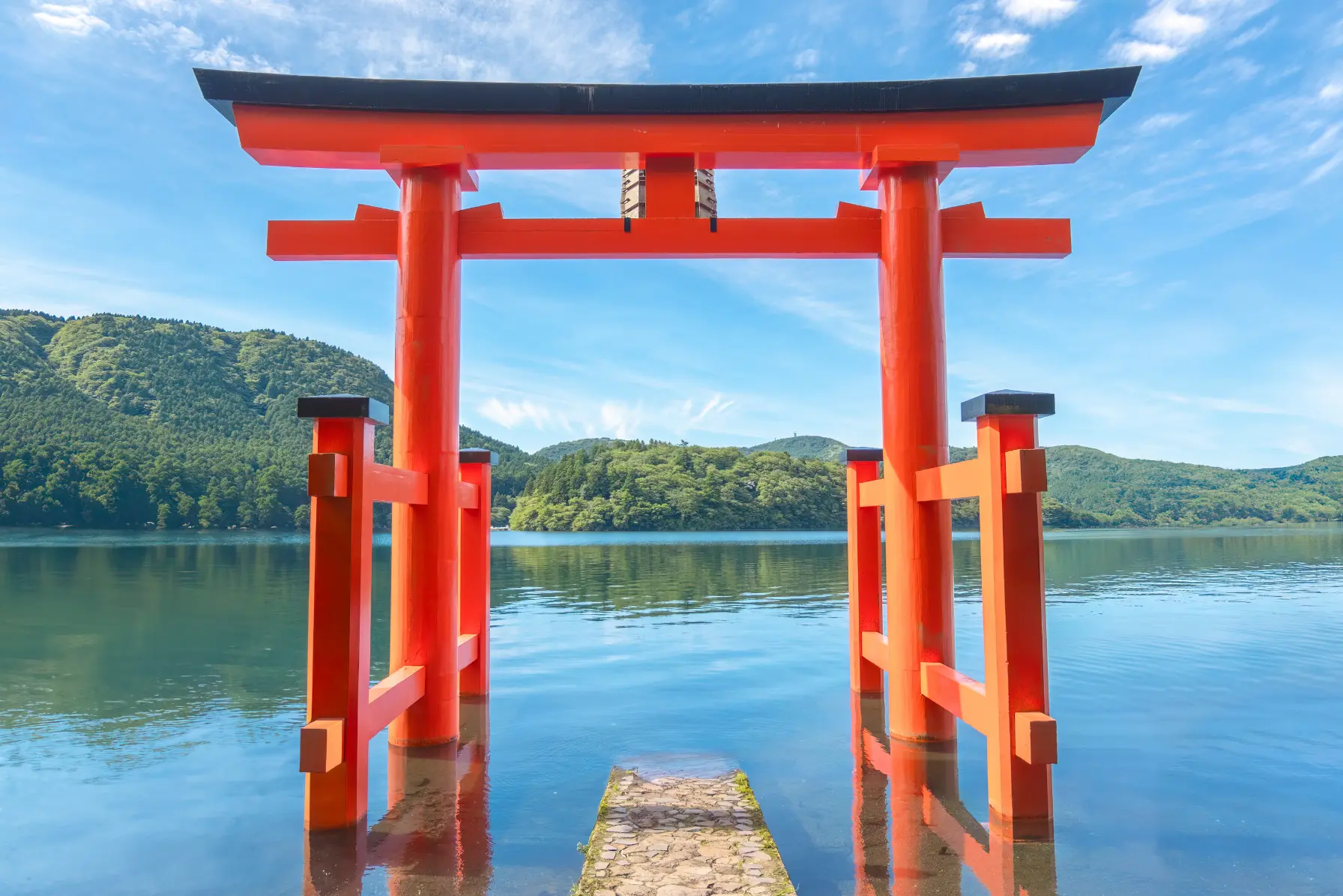 Red lakeside torii gate of Hakone Shrine on Lake Ashi with sightseeing ship and Mount Fuji backdrop
