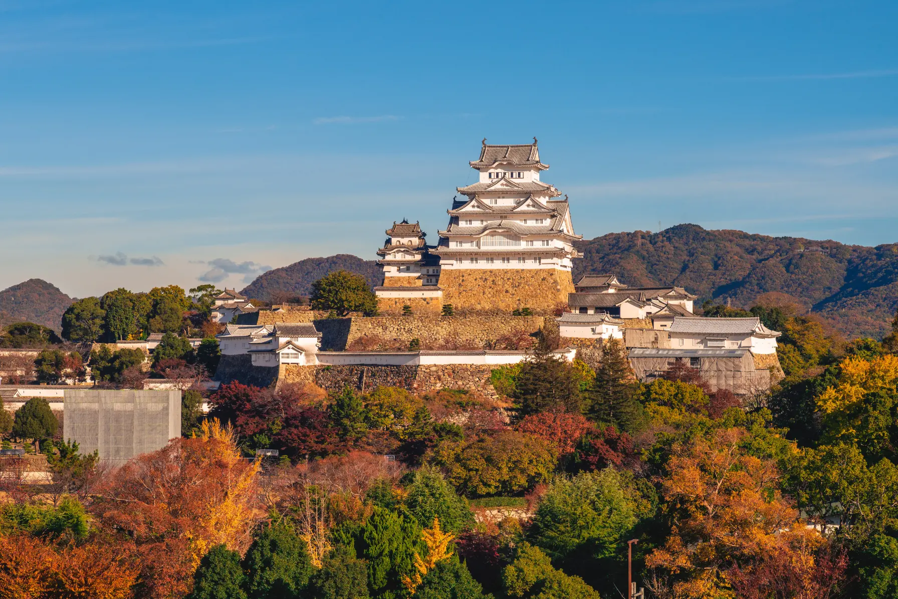 Pristine white plastered gables and six-story wooden keep of Himeji Castle in Hyogo Japan