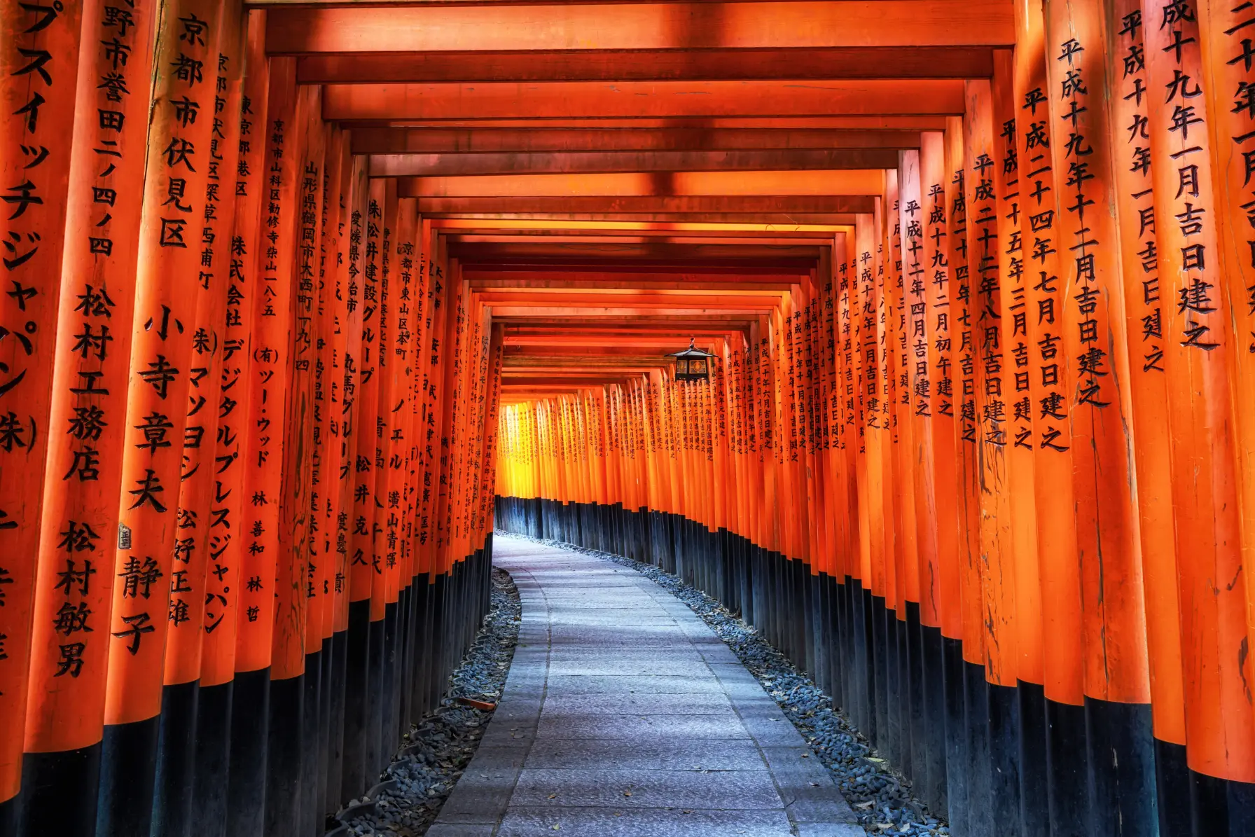 Thousands of vermilion Senbon Torii gates winding up Mount Inari at Fushimi Inari Taisha in Kyoto