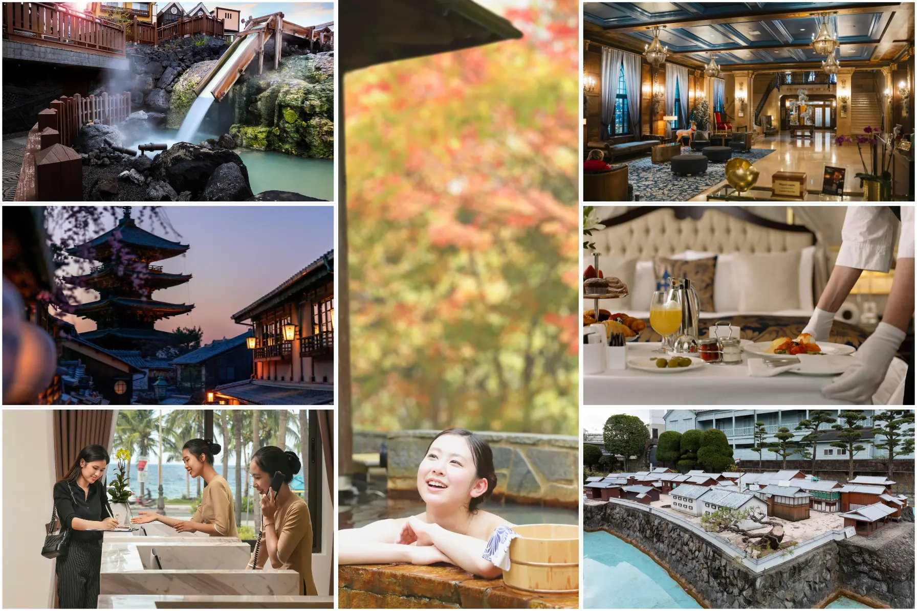 Traditional Japanese Ryokan suite with tatami mats, shoji screens, and private open-air cedar onsen overlooking autumn maples