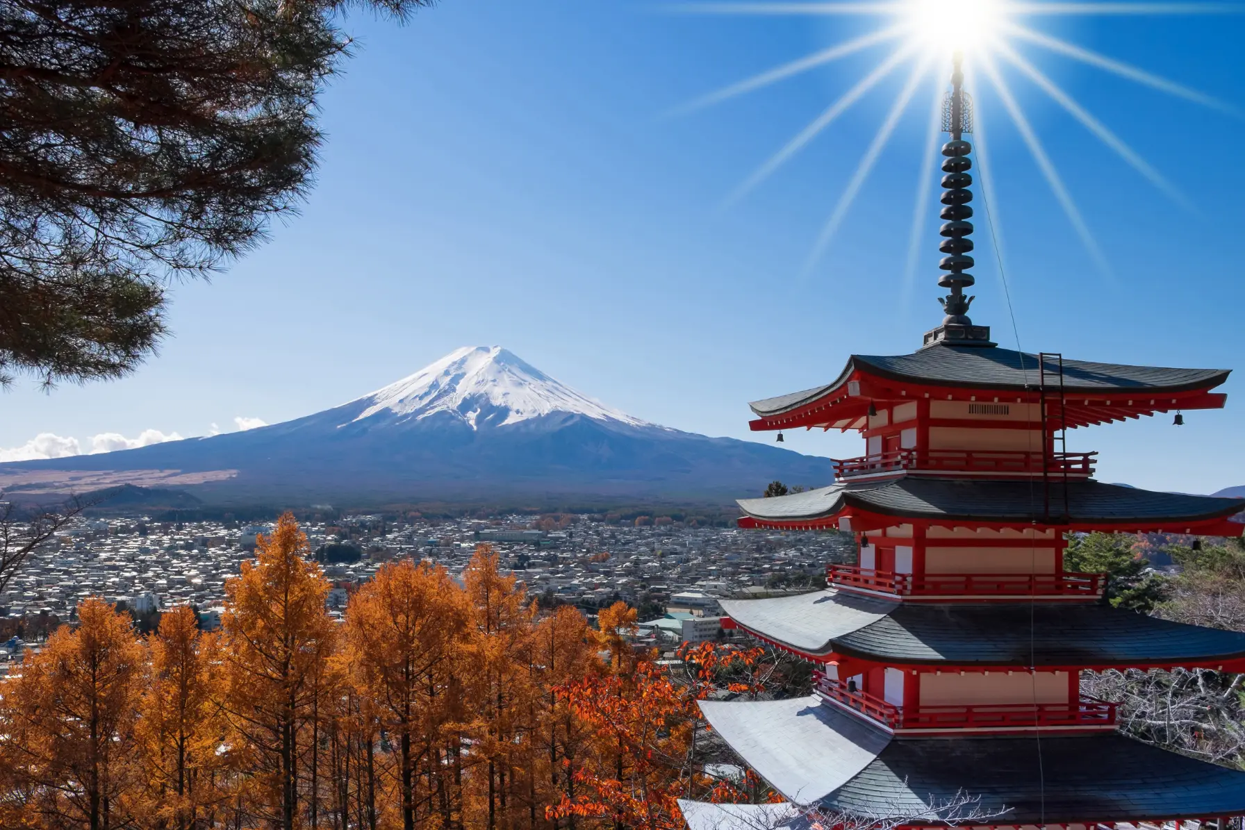 Snow-capped Mount Fuji reflected in Lake Kawaguchiko with Chureito Pagoda in the foreground