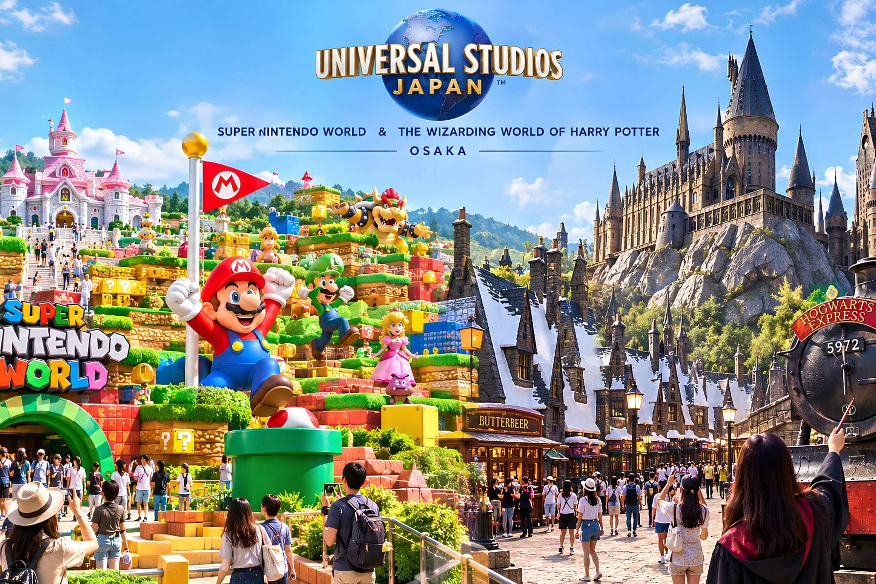 Super Nintendo World and Hogwarts Castle at Universal Studios Japan USJ in Osaka