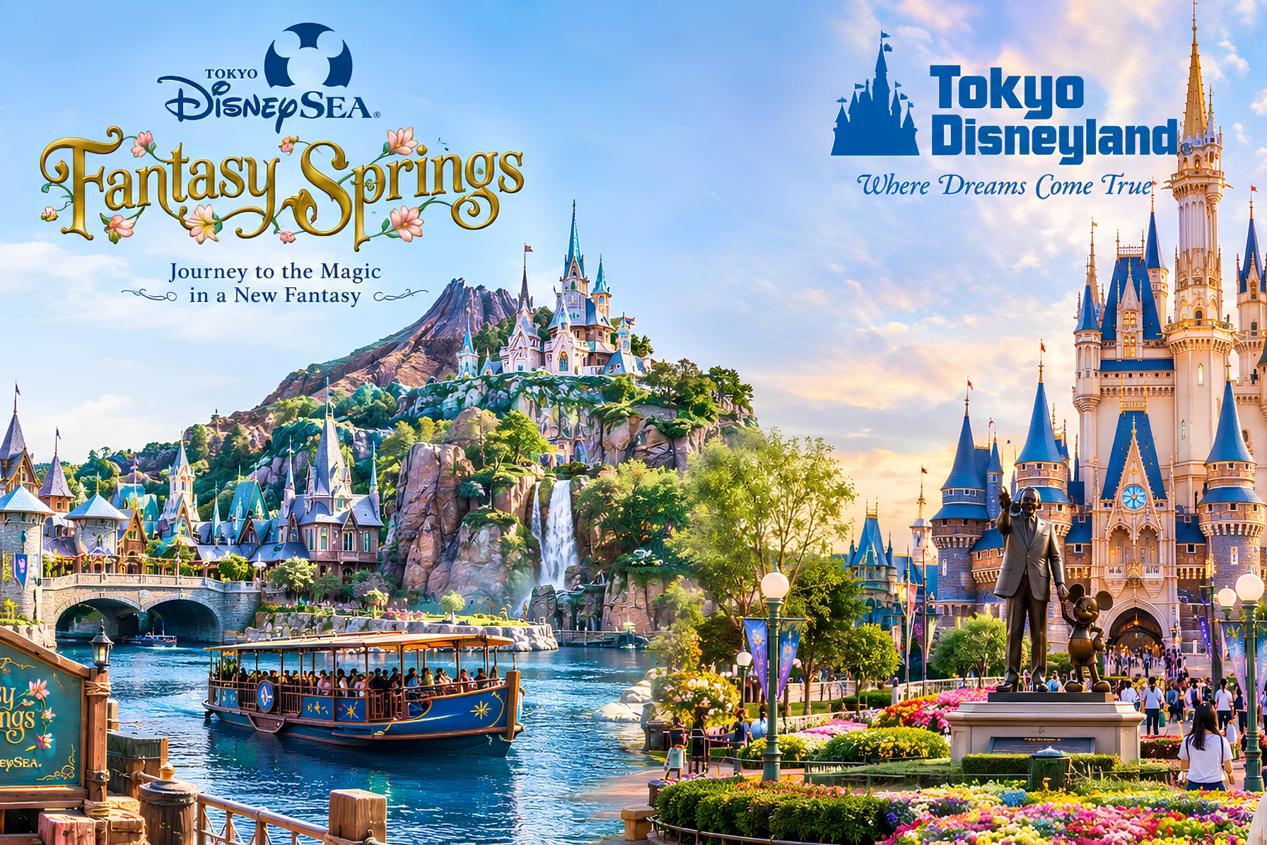 Mount Prometheus volcano, Mediterranean Harbor, and Fantasy Springs at Tokyo DisneySea Resort
