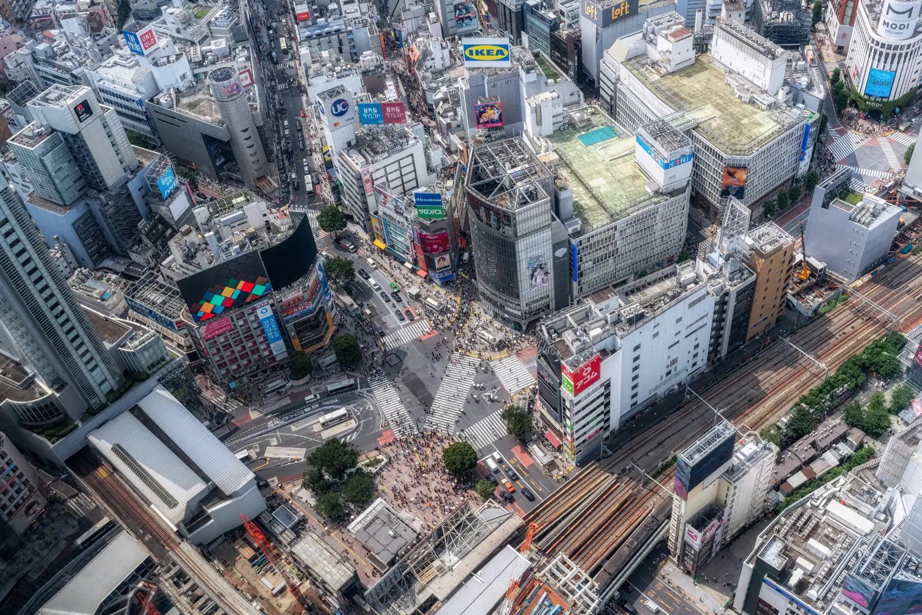 Aerial twilight view of Shibuya Scramble Crossing from the open-air Shibuya Sky observation deck in Tokyo