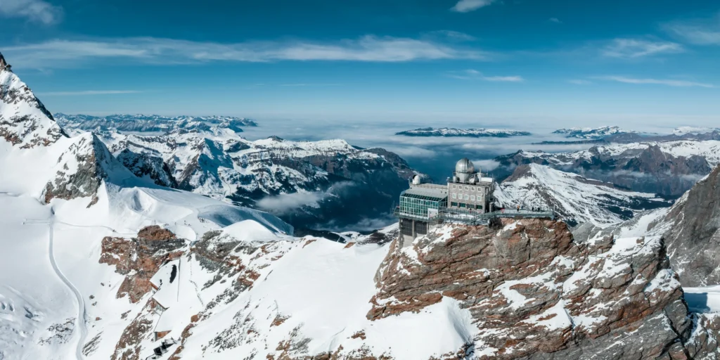 Sphinx Observatory at Jungfraujoch at 3,454 meters overlooking the Aletsch Glacier in Switzerland.