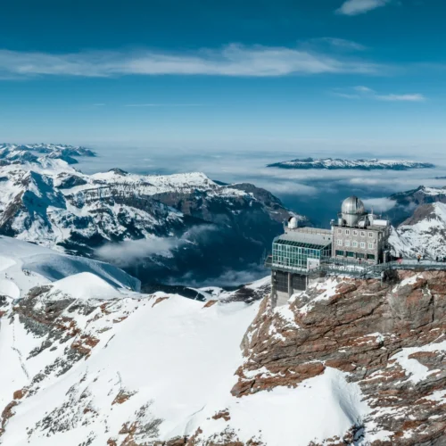 Sphinx Observatory at Jungfraujoch at 3,454 meters overlooking the Aletsch Glacier in Switzerland.