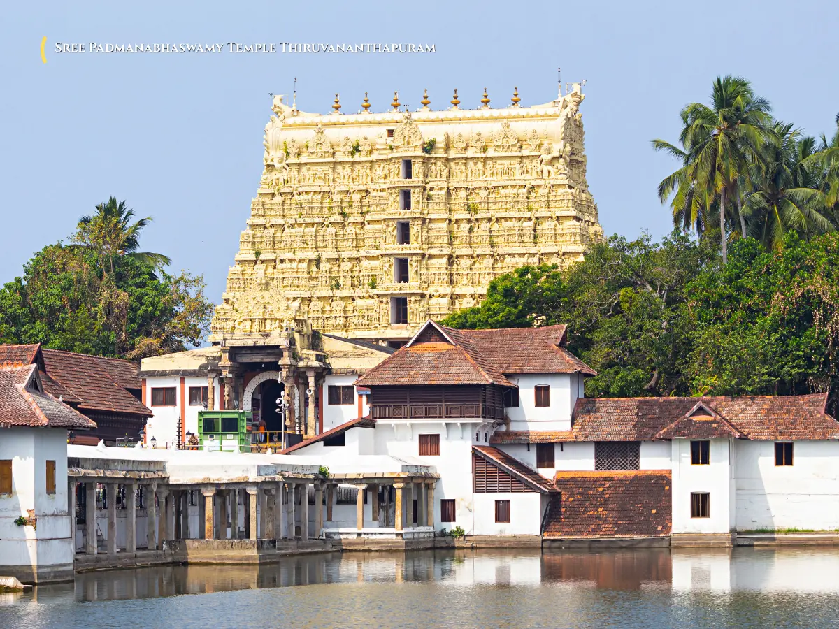 Seven-tier stone gopuram and sacred Padmatheertham pond of Sree Padmanabhaswamy Temple in Thiruvananthapuram Kerala