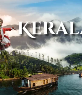 Kerala travel guide panorama featuring traditional thatched houseboat cruising Vembanad Lake in Alleppey against misty Munnar tea hills and coconut palm fringes