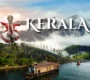 Kerala travel guide panorama featuring traditional thatched houseboat cruising Vembanad Lake in Alleppey against misty Munnar tea hills and coconut palm fringes