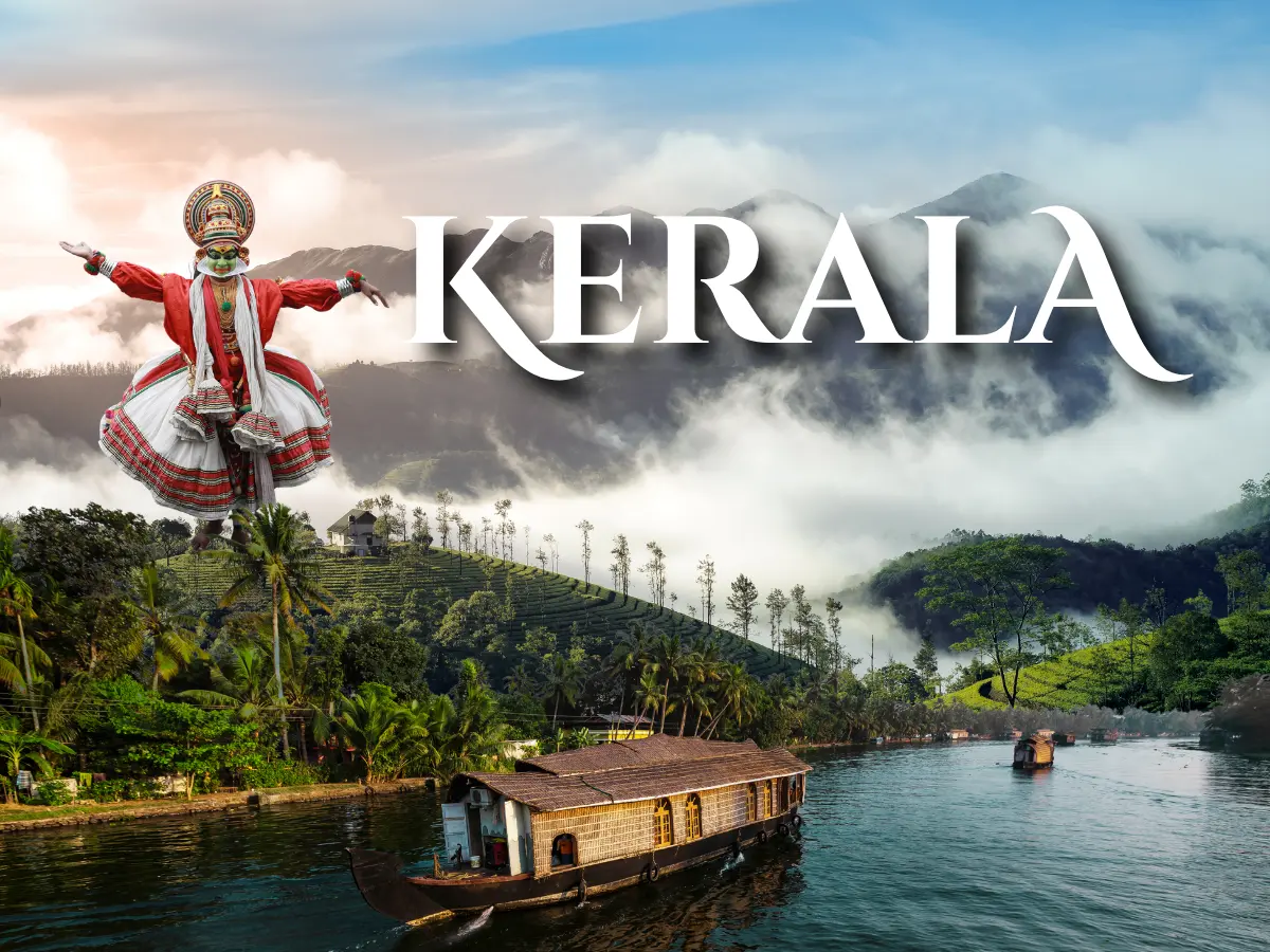 Kerala travel guide panorama featuring traditional thatched houseboat cruising Vembanad Lake in Alleppey against misty Munnar tea hills and coconut palm fringes