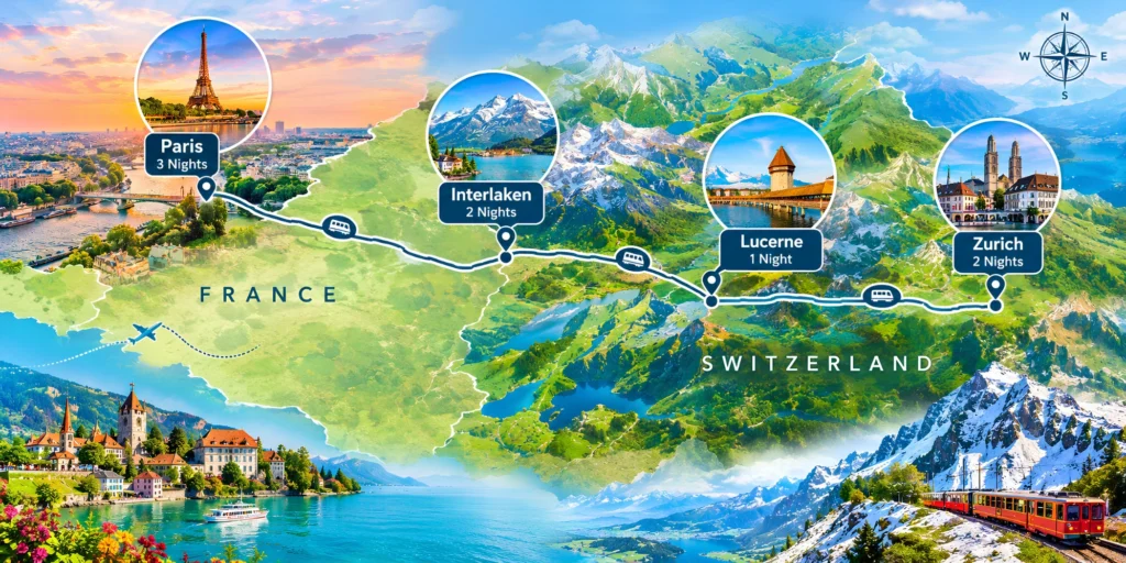 Paris and Switzerland 8N 9D tour package from Chennai itinerary map showing Paris, Interlaken, Lucerne and Zurich