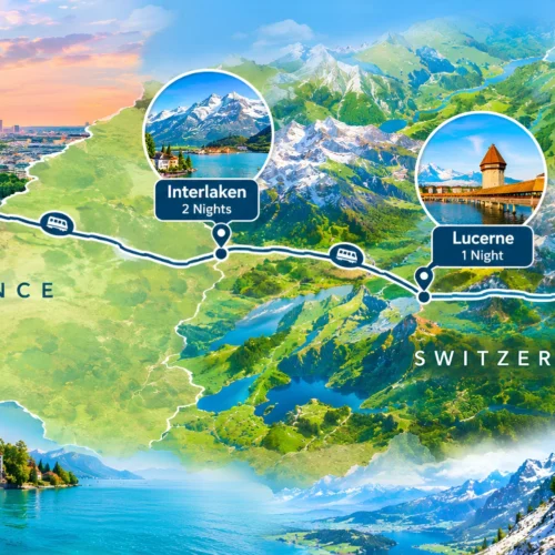 Paris and Switzerland 8N 9D tour package from Chennai itinerary map showing Paris, Interlaken, Lucerne and Zurich