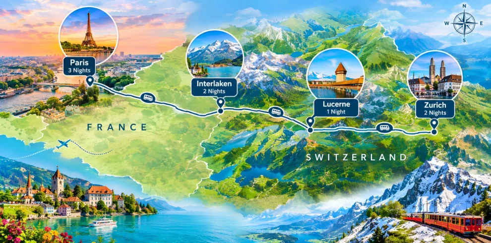 Paris and Switzerland 8N 9D tour package from Chennai itinerary map showing Paris, Interlaken, Lucerne and Zurich