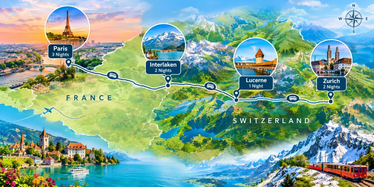 Paris and Switzerland 8N 9D tour package from Chennai itinerary map showing Paris, Interlaken, Lucerne and Zurich