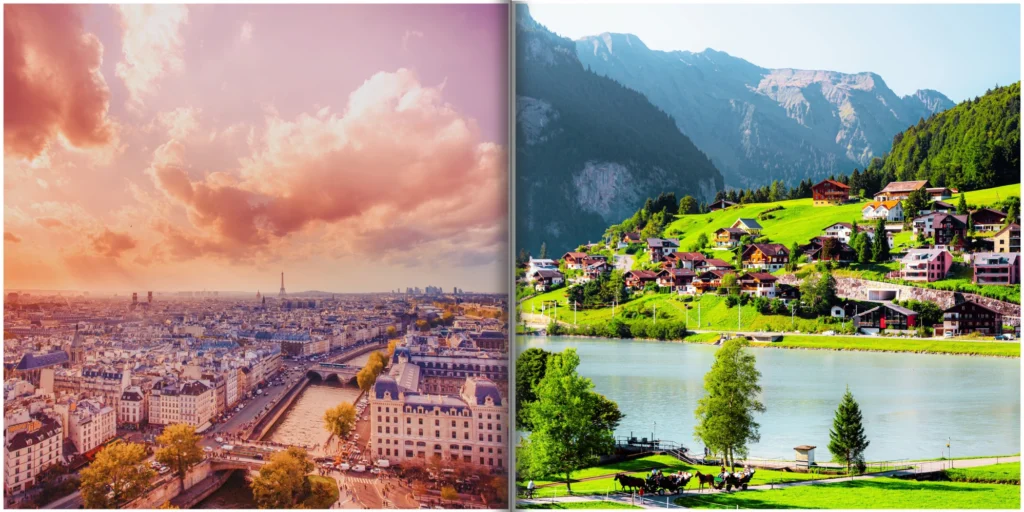 Panoramic view blending the Parisian skyline with the snow-covered Swiss Alps for Paris and Switzerland tour package from Chennai.